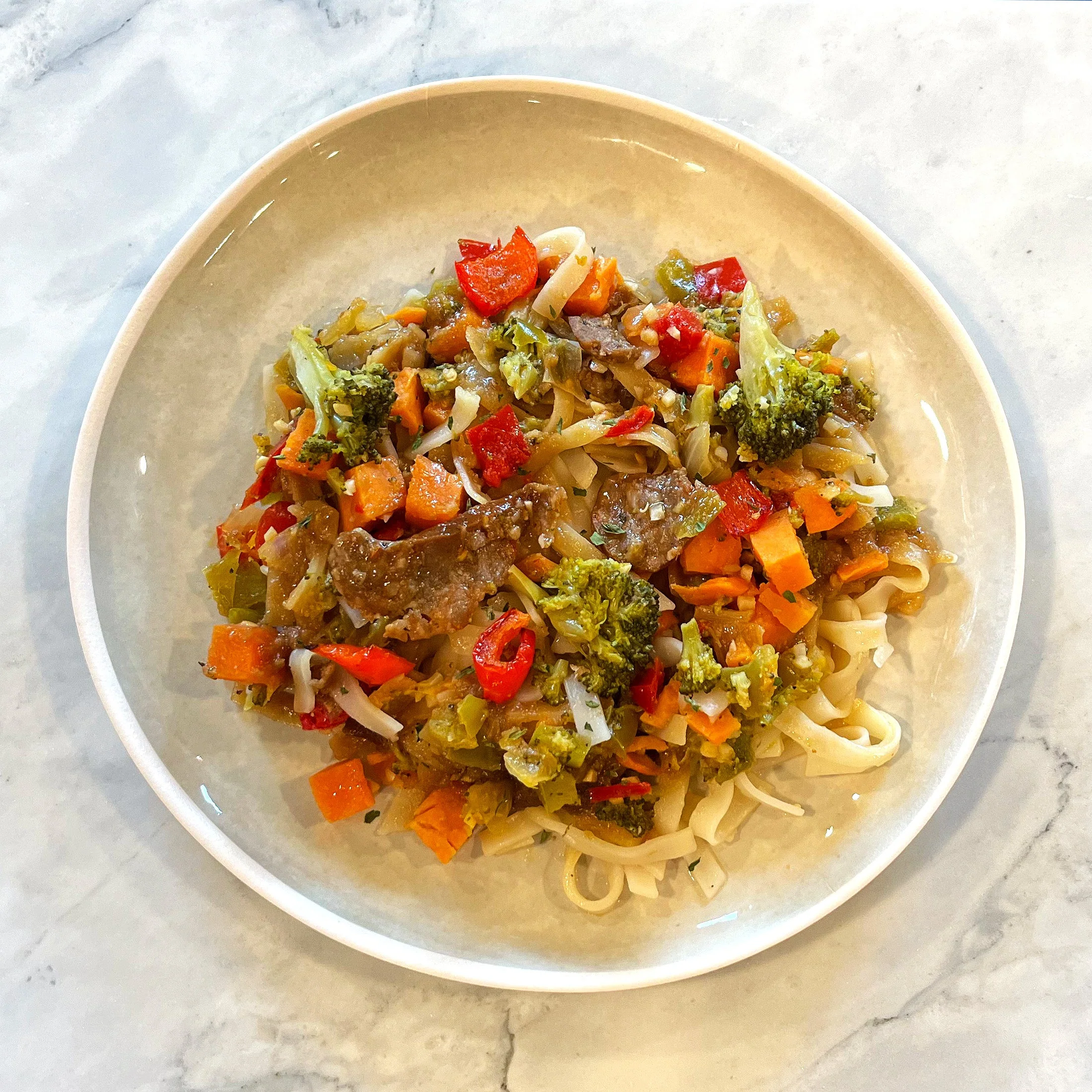 Sausage, Chicken & Vegetable Stir Fry with Noodles & Teriyaki Sauce